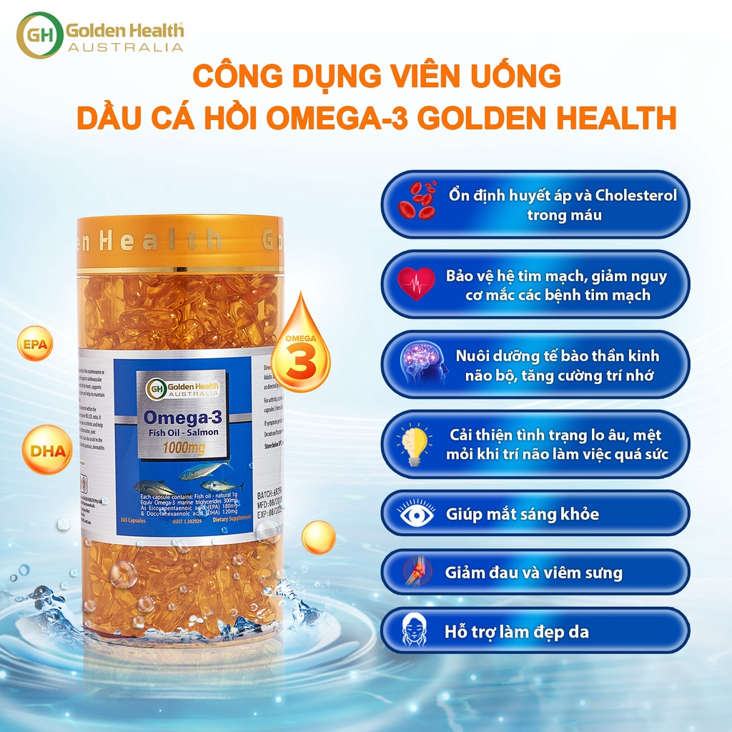 Viên Dầu Cá Hồi Omega-3 Salmon Fish Oil Golden Health giúp ổn định huyết áp và Cholesterol trong máu