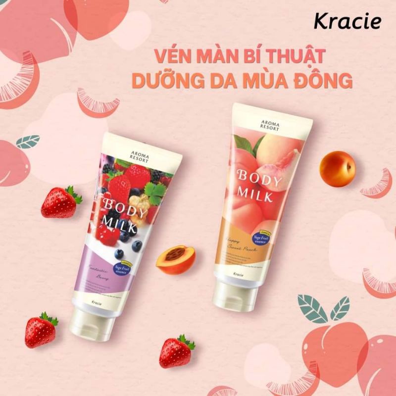 Bộ đôi sản phẩm Sữa Dưỡng Thể Aroma Resort Kracie Hương Đào và Hương Dâu