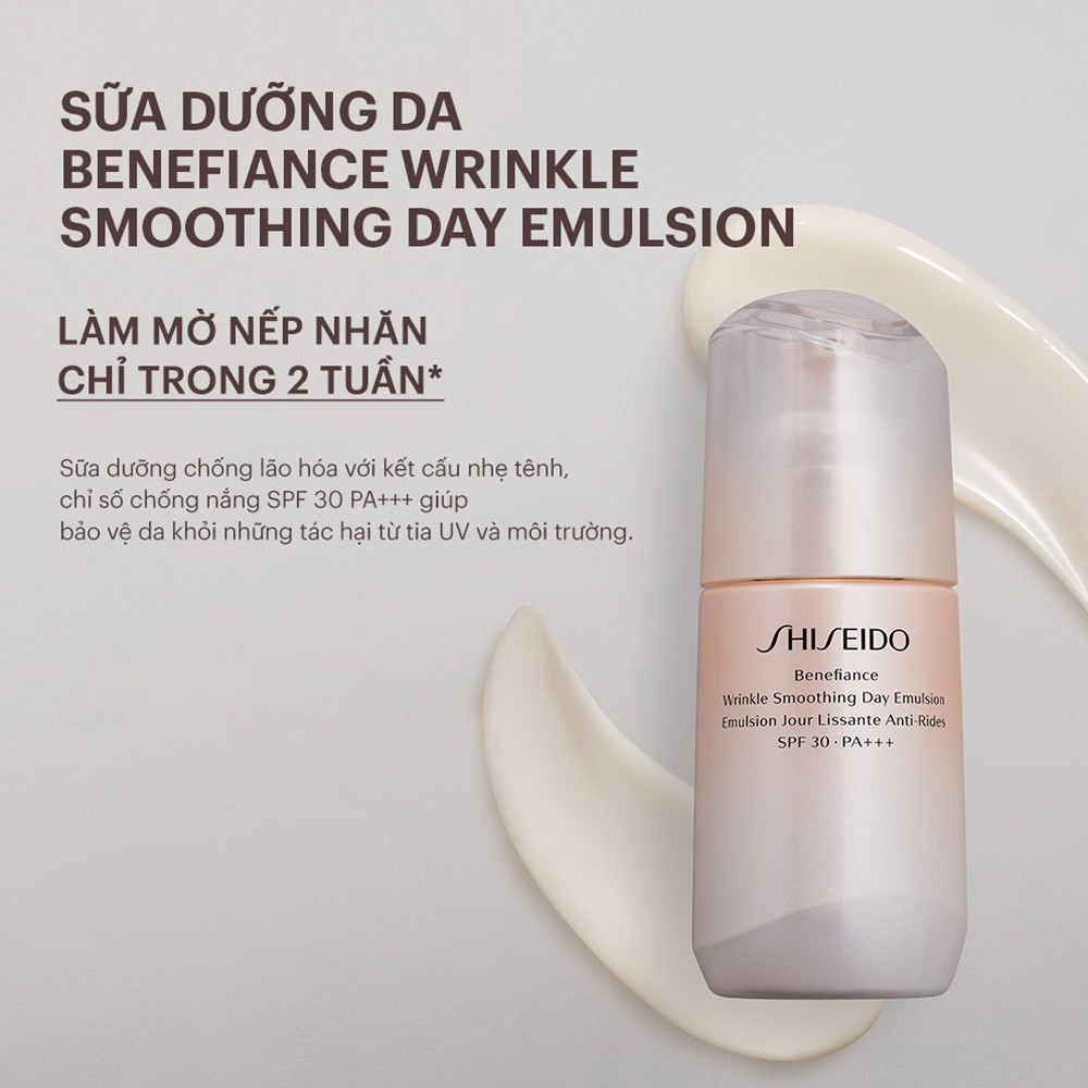 Shiseido Benefiance Wrinkle Smoothing Day Emulsion được chiết xuất từ các thành phần tự nhiên, an toàn, phù hợp với mọi loại da