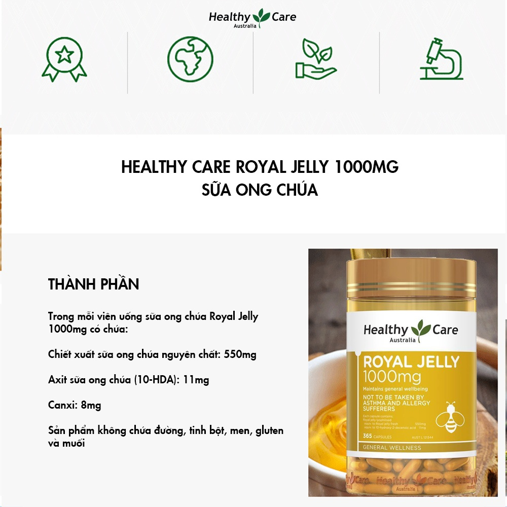 Viên Uống Sữa Ong Chúa Healthy Care Royal Jelly chống lão hóa, chữa lành tổn thương da