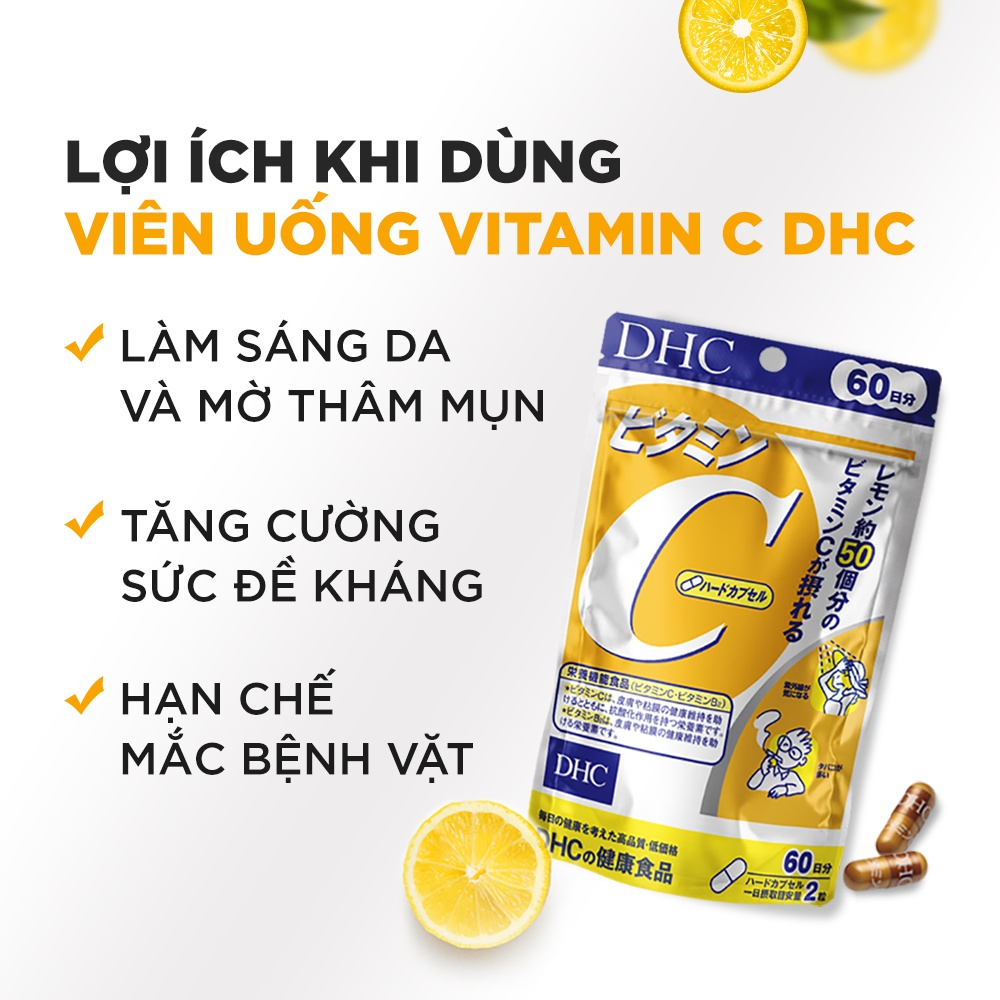 Viên Uống Bổ Sung DHC Vitamin C Hard Capsule hỗ trợ quá trình sản sinh Collagen, làm chậm quá trình lão hóa