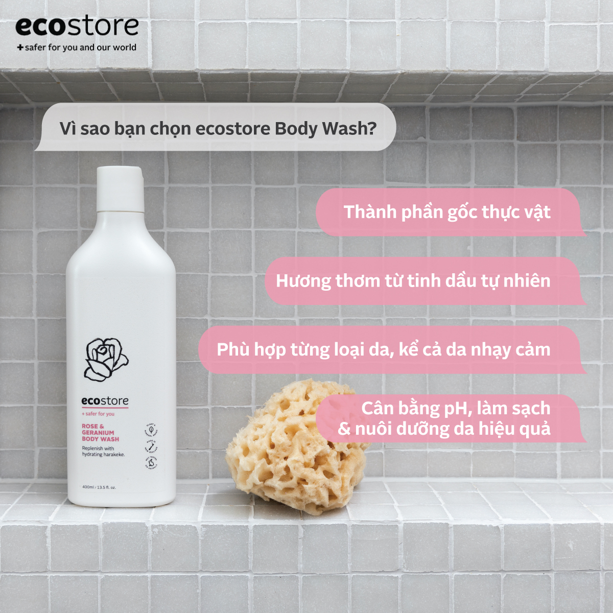 Ecostore Body Wash Rose & Geranium giúp nuôi dưỡng và bổ sung để có làn da mềm mại và khỏe mạnh hơn