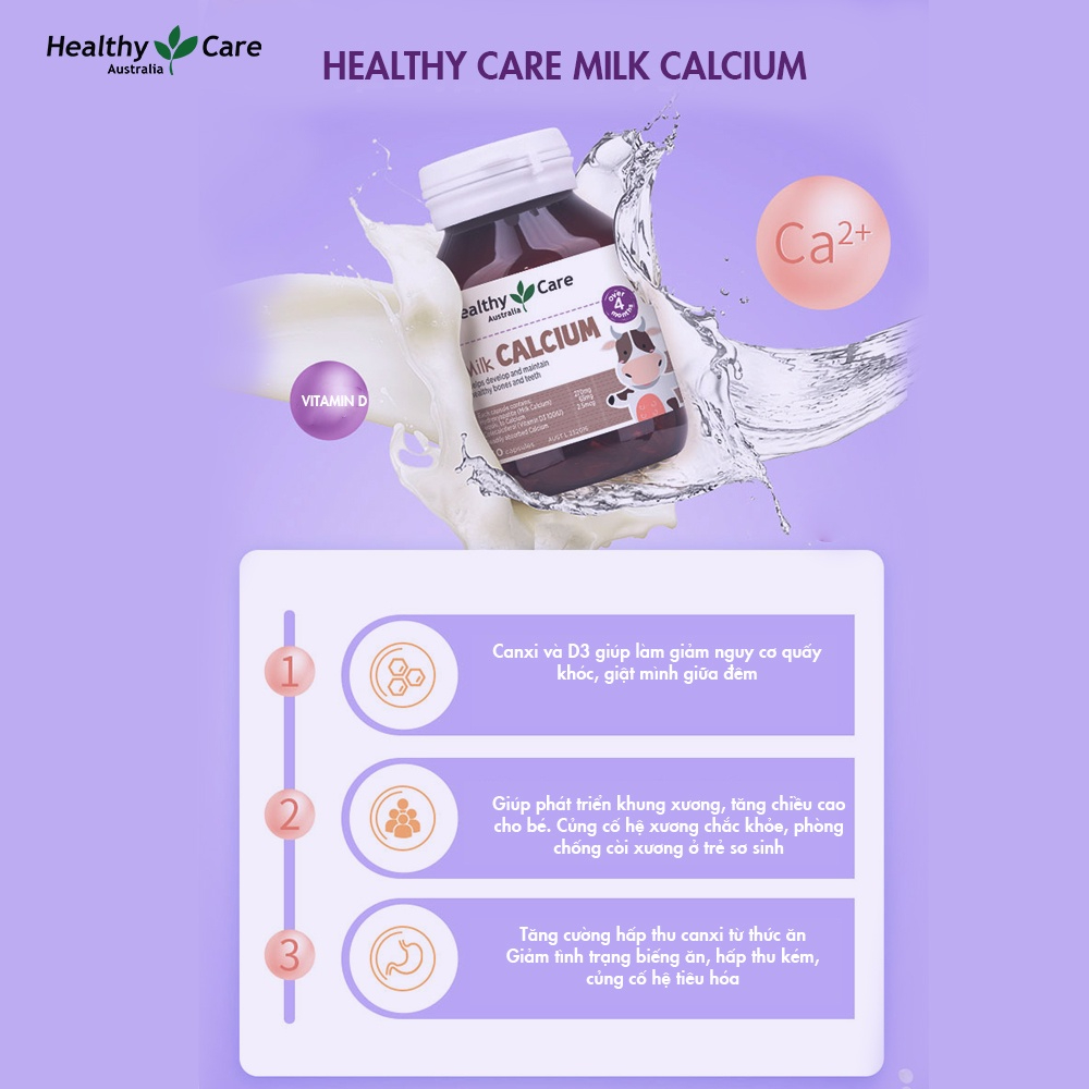 Viên Uống Canxi Sữa Healthy Care Milk Calcium hỗ trợ làm giảm đáng kể tình trạng biếng ăn, hấp thụ kém, củng cố hệ tiêu hóa