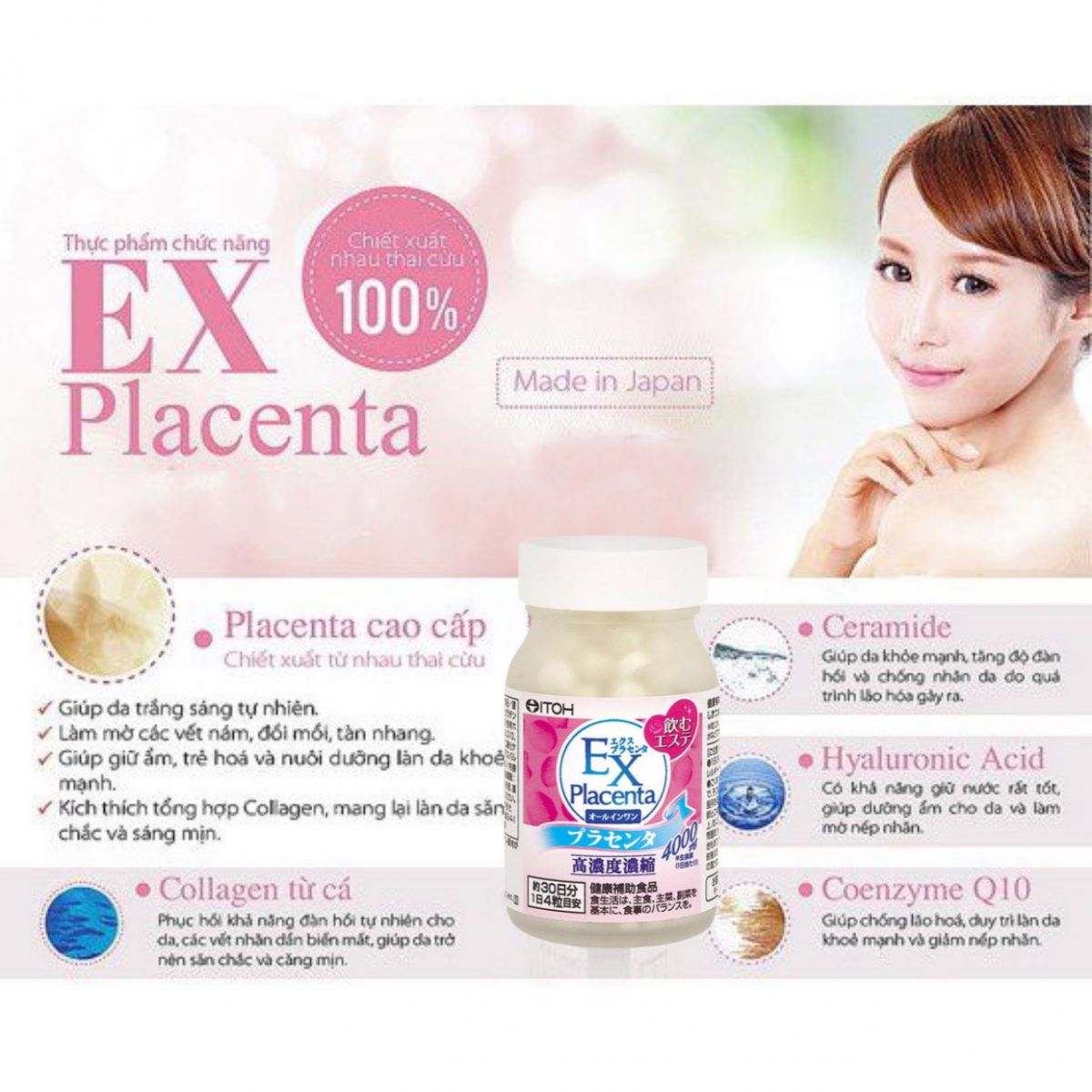 Viên Uống Nhau Thai Cừu ITOH EX Placenta hỗ trợ giữ ẩm cho da, giúp làm đẹp da, da trở nên mềm mại, mịn màng hơn