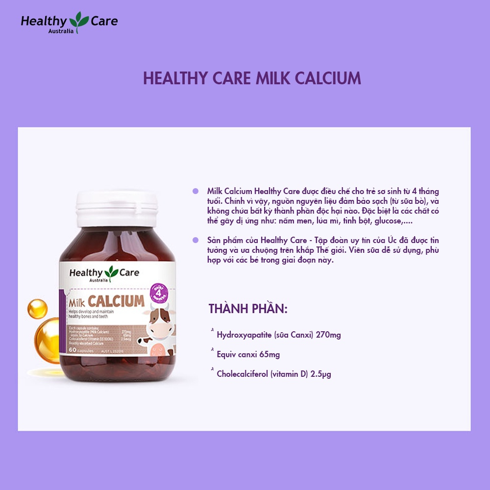 Viên Uống Canxi Sữa Healthy Care Milk Calcium hỗ trợ xây dựng khung xương, hỗ trợ trẻ cao lớn vượt trội