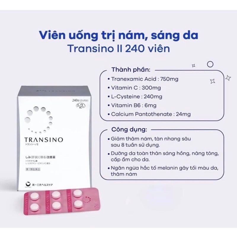 Viên Uống Trắng Da, Đặc Trị Nám Và Tàn Nhang Transino Whitening nuôi dưỡng làn da trắng hồng từ bên trong