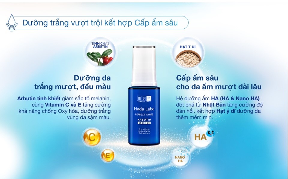 Hada Labo Perfect White Arbutin Essence giảm viêm và ngăn ngừa các dấu hiệu lão hóa.