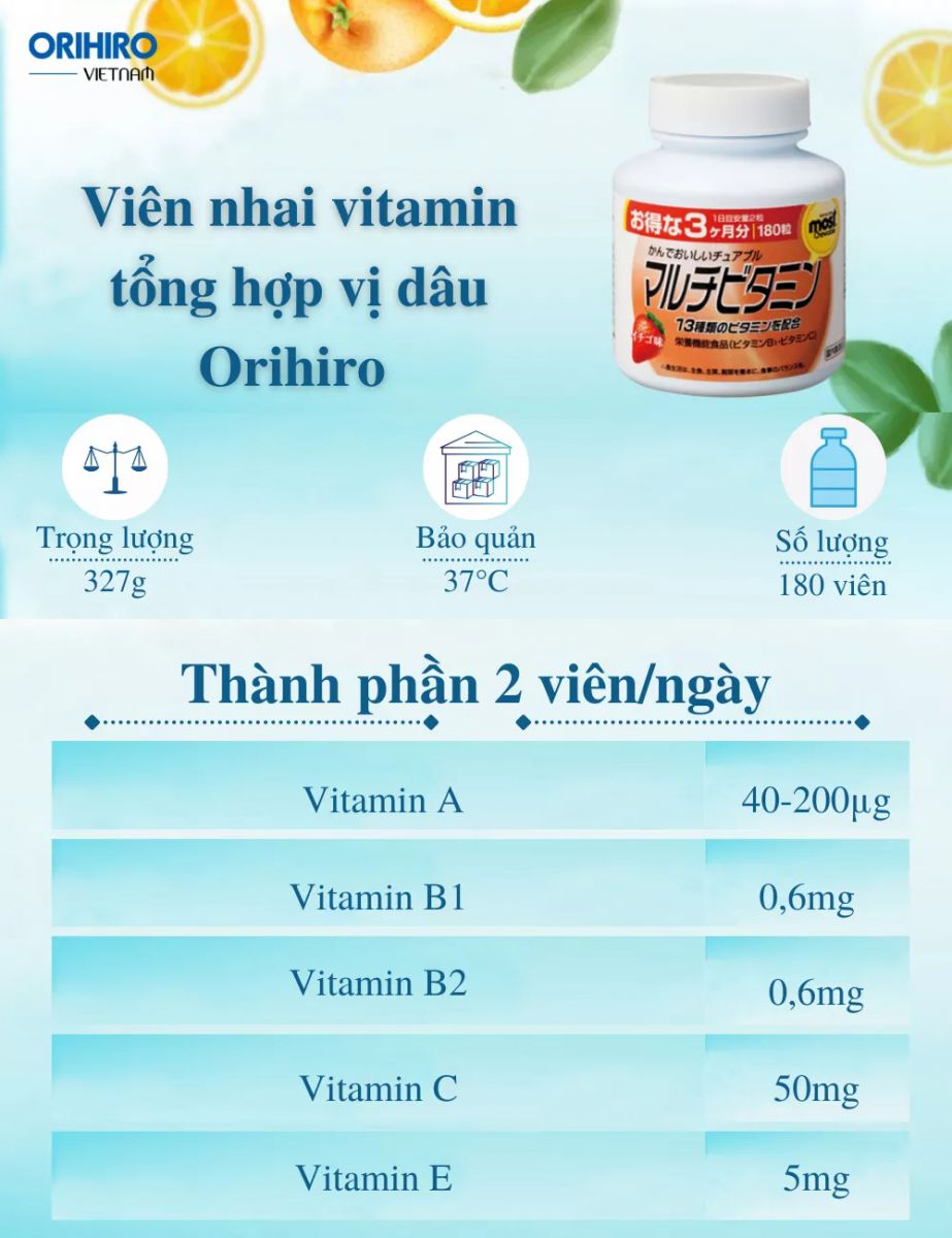 Các thành phần có trong Viên Nhai Vitamin Tổng Hợp Vị Dâu Orihiro