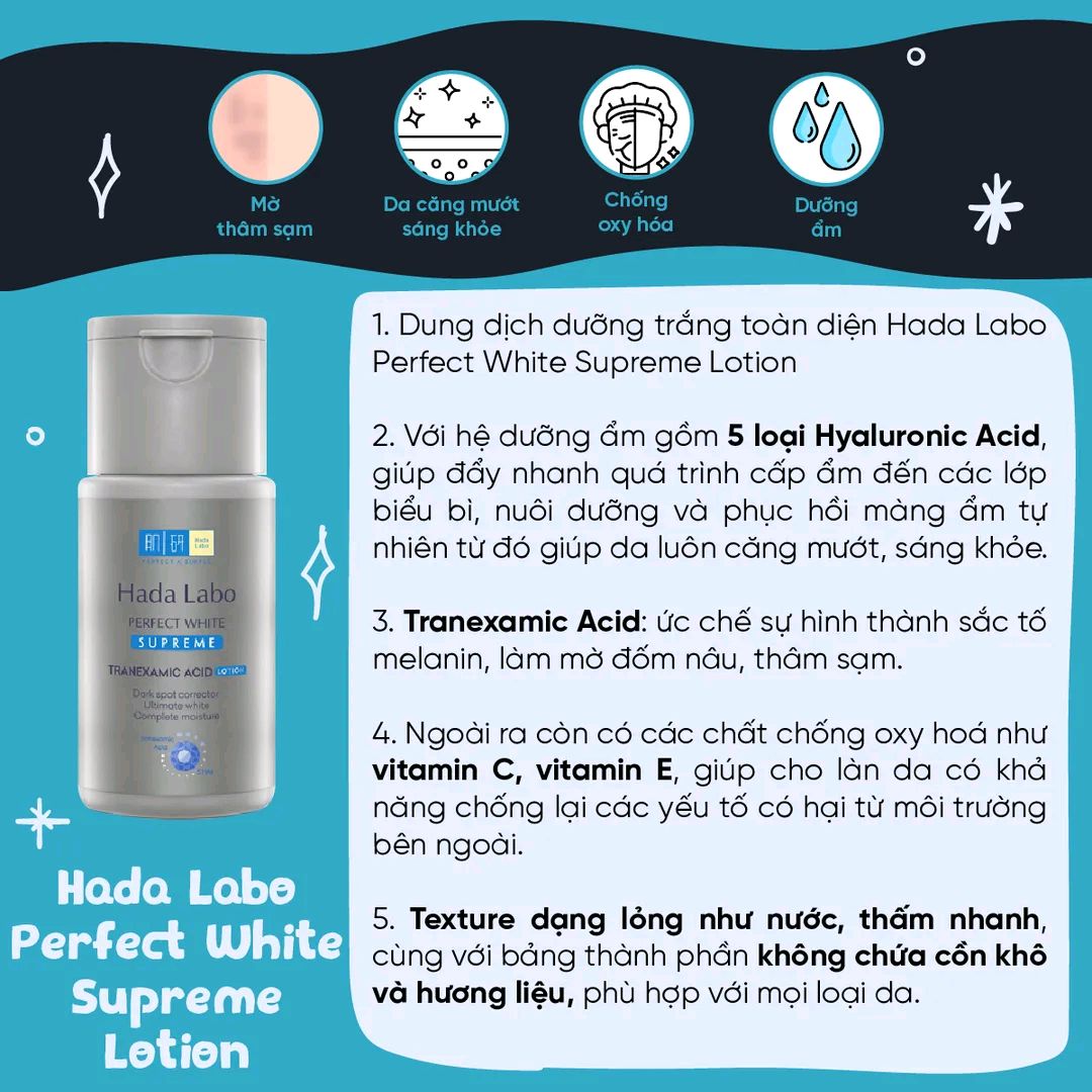 Hada Labo Perfect White Supreme Lotion còn bổ sung hệ dưỡng ẩm ưu việt với 5 loại Hyaluronic Acid