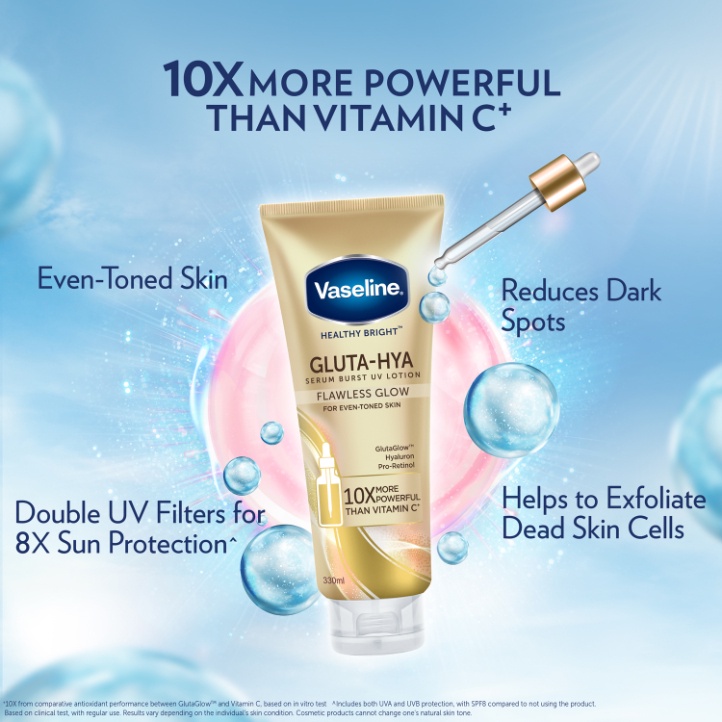 Vaseline Healthy Bright Gluta-Hya Serum Burst UV Lotion giúp làm cho da rạng rỡ và sáng hơn