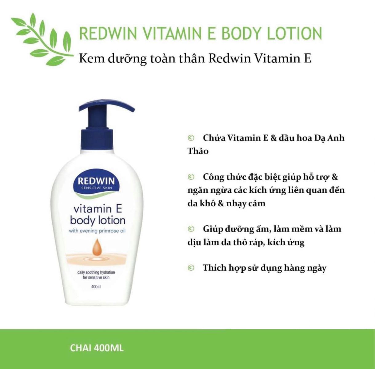 Kem Dưỡng Thể Vitamin E Body Lotion Redwin hỗ trợ cải thiện tình trạng da khô ráp, bong tróc, sần sùi