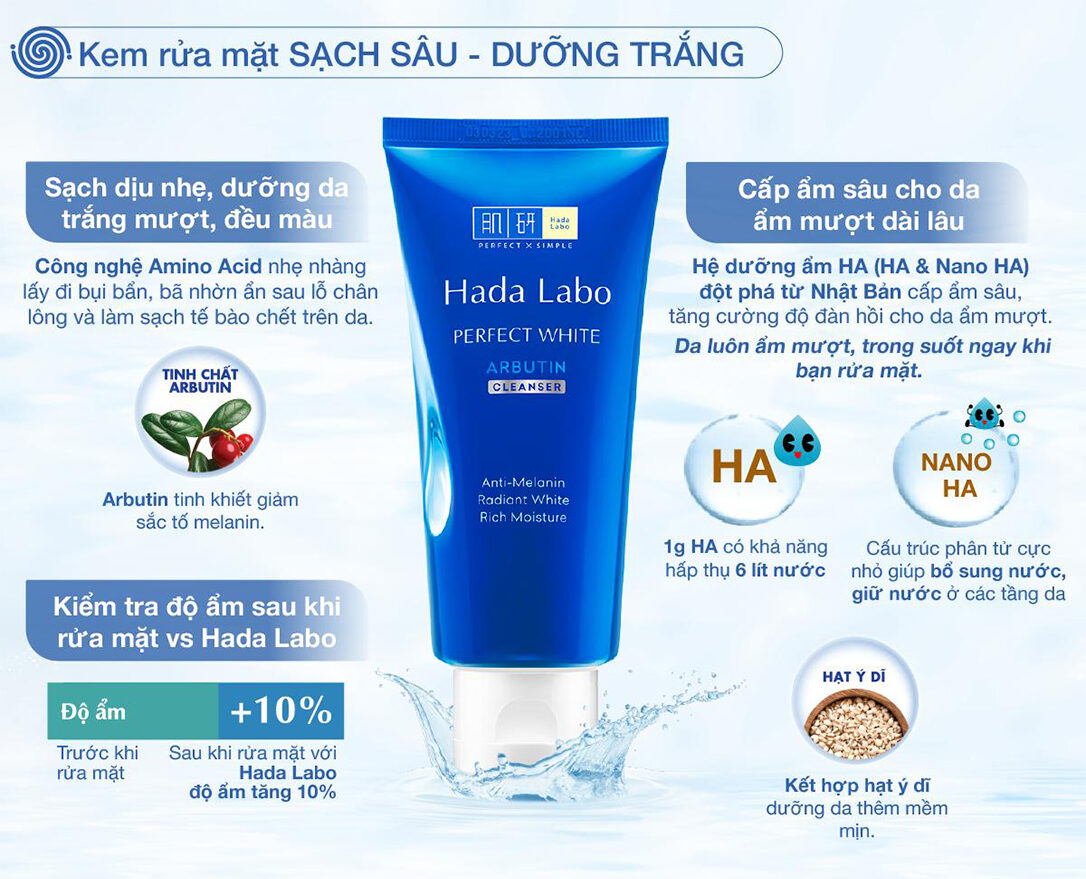 Hada Labo Perfect White Arbutin Cleanser cung cấp độ ẩm toàn diện cho các lớp biểu bì, tái tạo cấu trúc đàn hồi