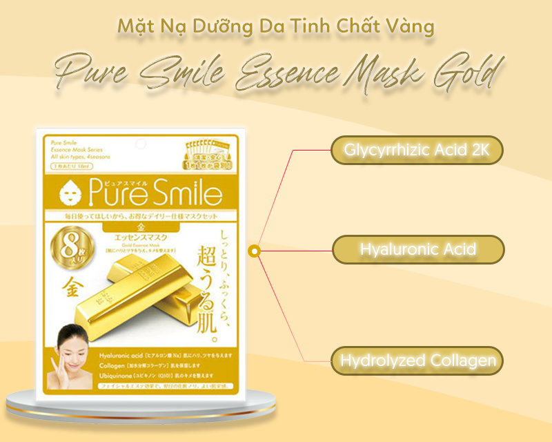 Mặt Nạ Dưỡng Da Tinh Chất Vàng Pure Smile hỗ trợ xóa mờ nếp nhăn, tăng độ liên kết các mô dưới da