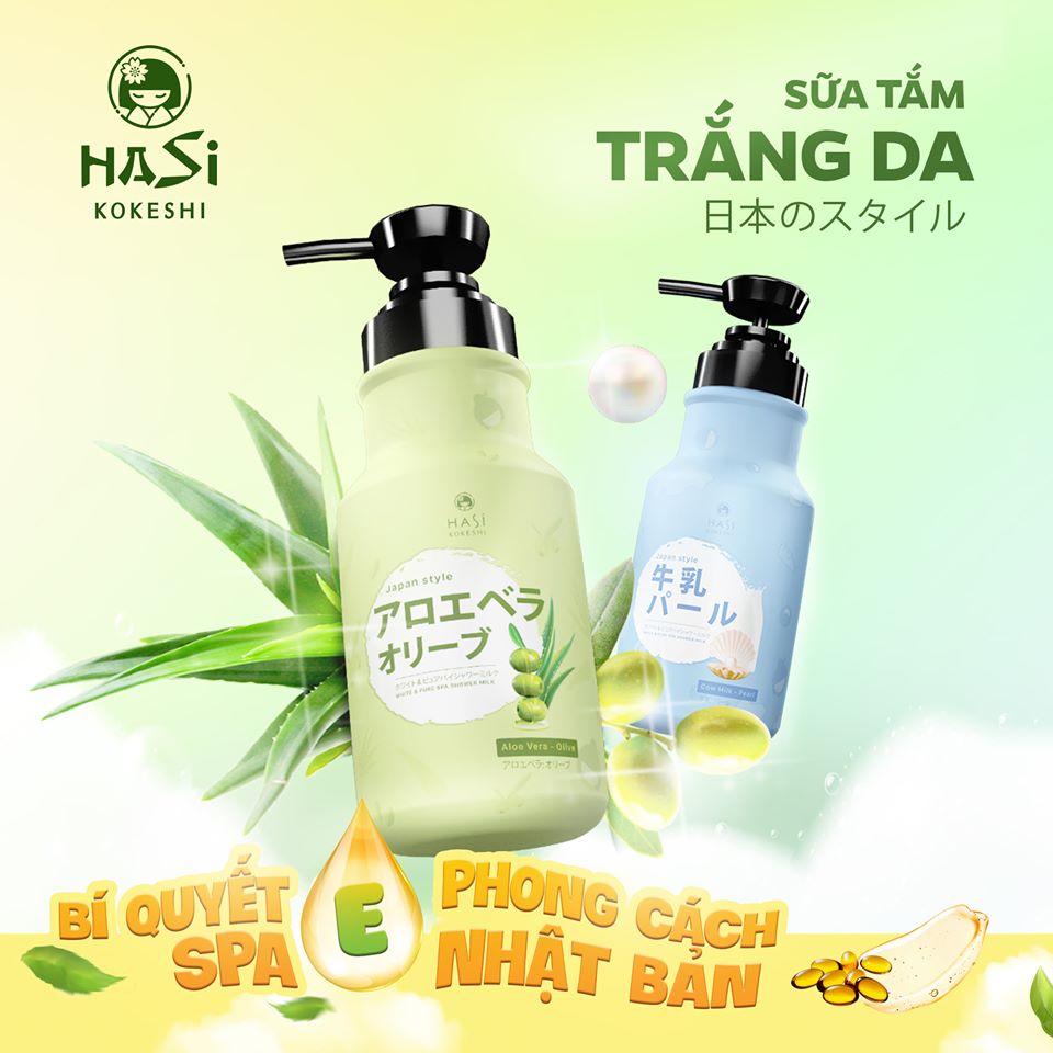 Sữa Tắm Dưỡng Ẩm & Trắng Da Chiết Xuất Nha Đam & Oliu Hasi Kokeshi Aloe Vera & Olive Oil