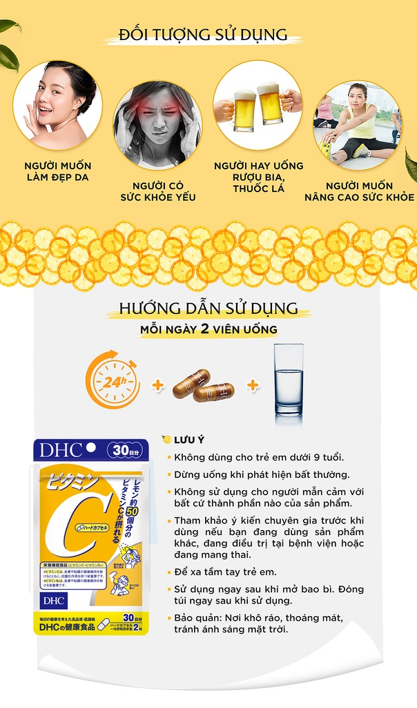 Đối tượng và Hướng dẫn sử dụng sản phẩm Viên Uống Bổ Sung DHC Vitamin C Hard Capsule