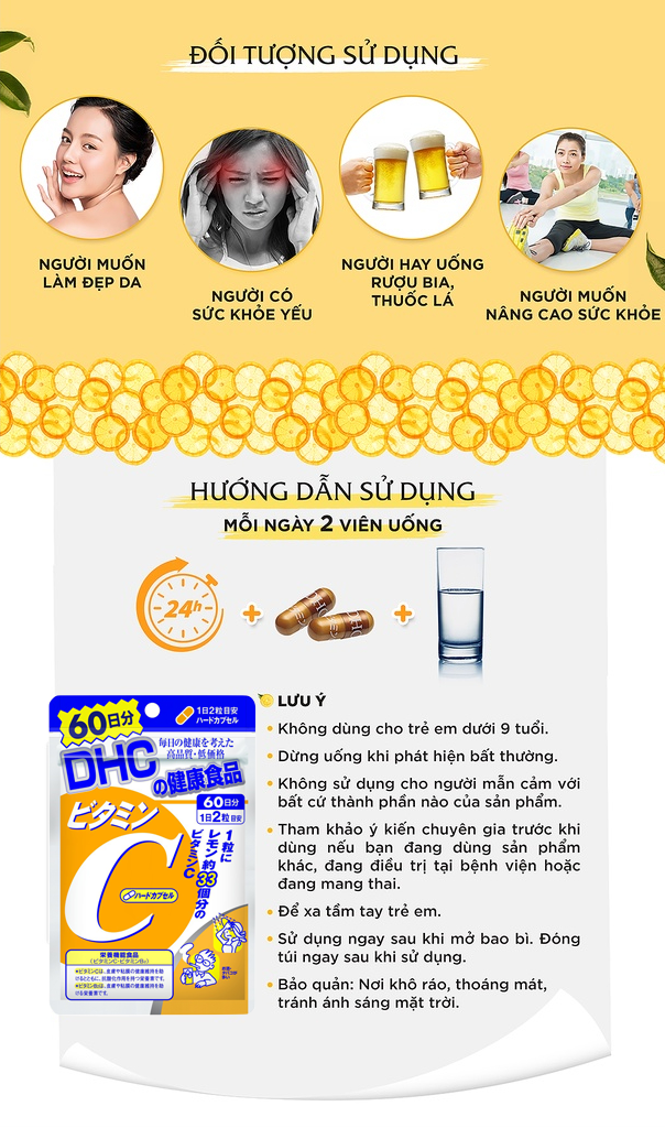 Đối tượng và Hướng dẫn sử dụng sản phẩm Viên Uống Bổ Sung DHC Vitamin C Hard Capsule