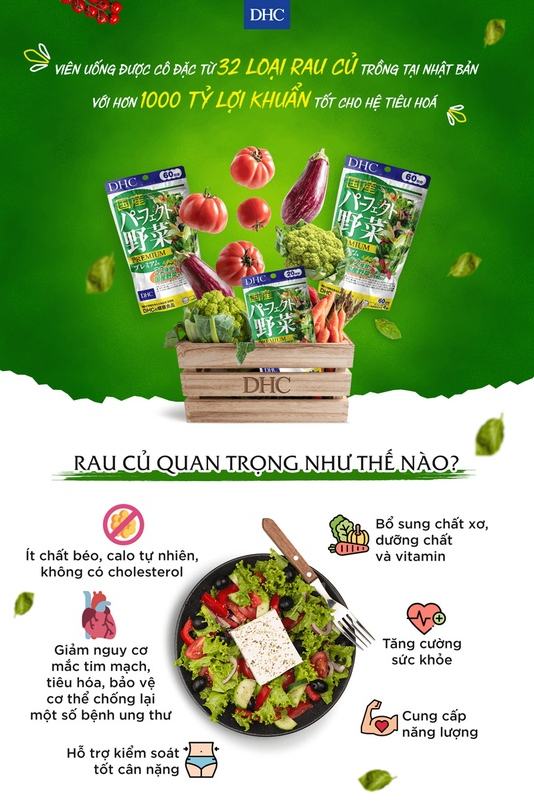 Viên Uống DHC Rau Củ Quả Tổng Hợp Premium bổ sung 32 loại rau xanh, củ quả cung cấp dưỡng chất cần thiết cho cơ thể