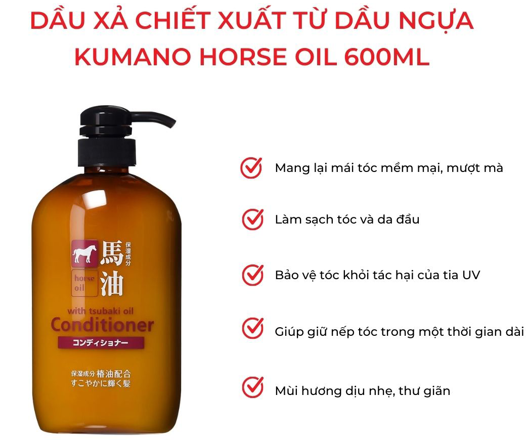 Kumano Cosme Station Horse Oil Conditioner giúp cung cấp độ ẩm cho tóc mềm mại, óng mượt