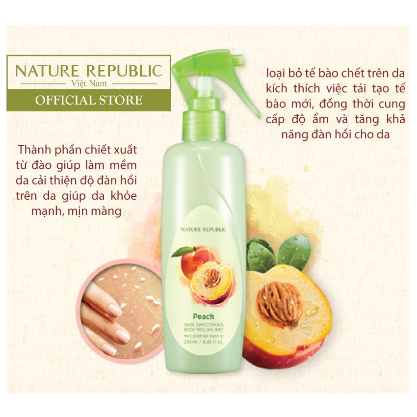 Nature Republic Skin Smoothing Body Peeling Mist-Peach giúp thúc đẩy hình thành tế bào mới, nhẹ nhàng dưỡng ẩm và làm sáng da