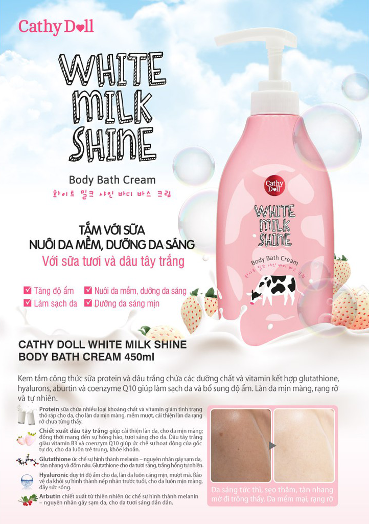Thành phần có trong Sữa Tắm Sữa Bò Trắng Da Cathy Doll White Milk Shine Body Bath Cream