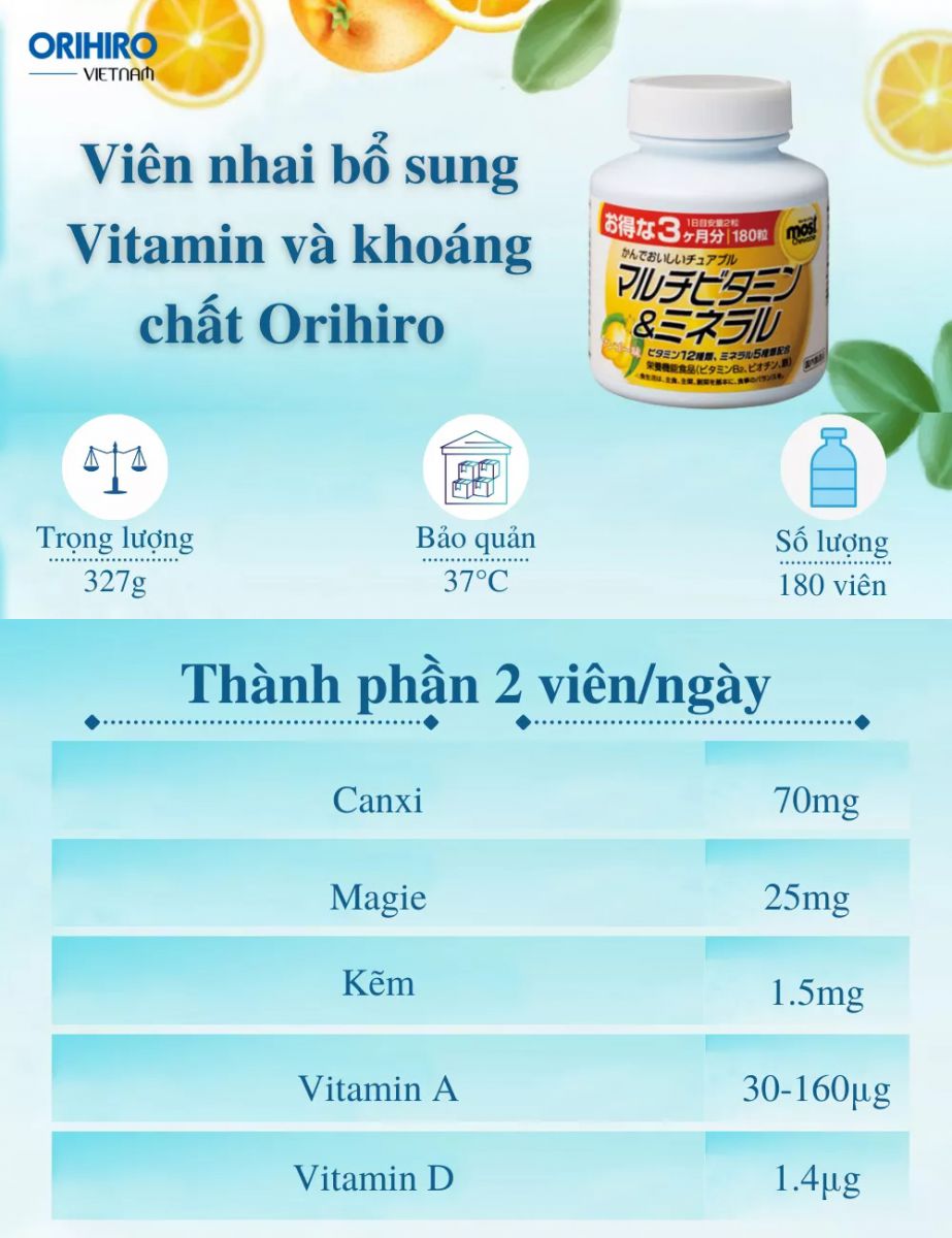 Thành phần có trong Viên Nhai Bổ Sung Vitamin Và Khoáng Chất Orihiro Most Chewable