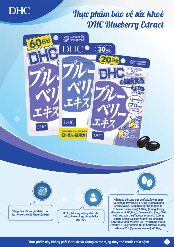 Viên Uống Việt Quất DHC Blueberry Extract Giúp Bổ Mắt hỗ trợ bổ sung dưỡng chất, tăng cường thị lực cho mắt