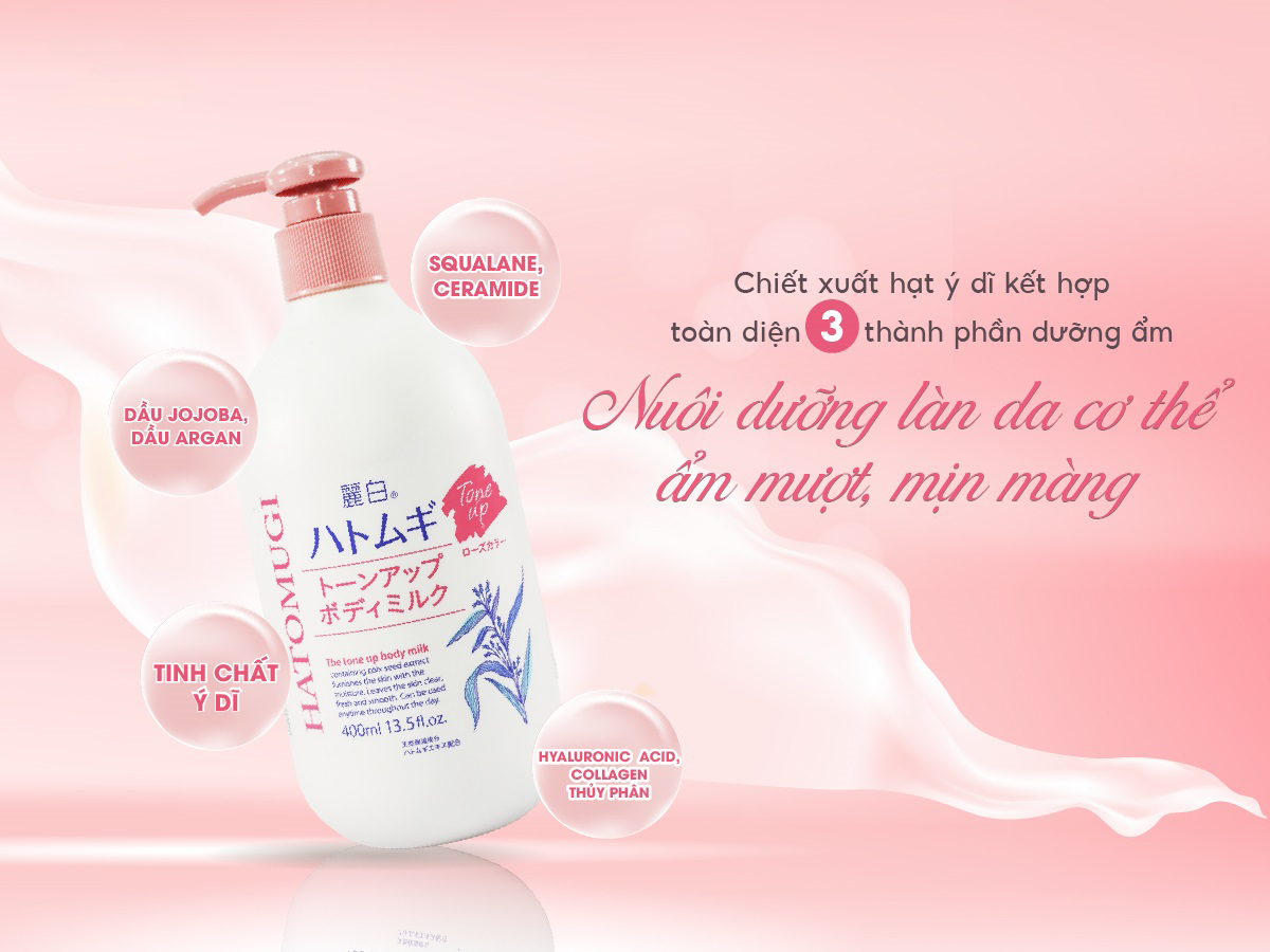 Hatomugi The Tone Up Body Milk hỗ trợ giữ ẩm da, giúp da luôn khỏe mạnh, căng mọng và mịn màng hơn