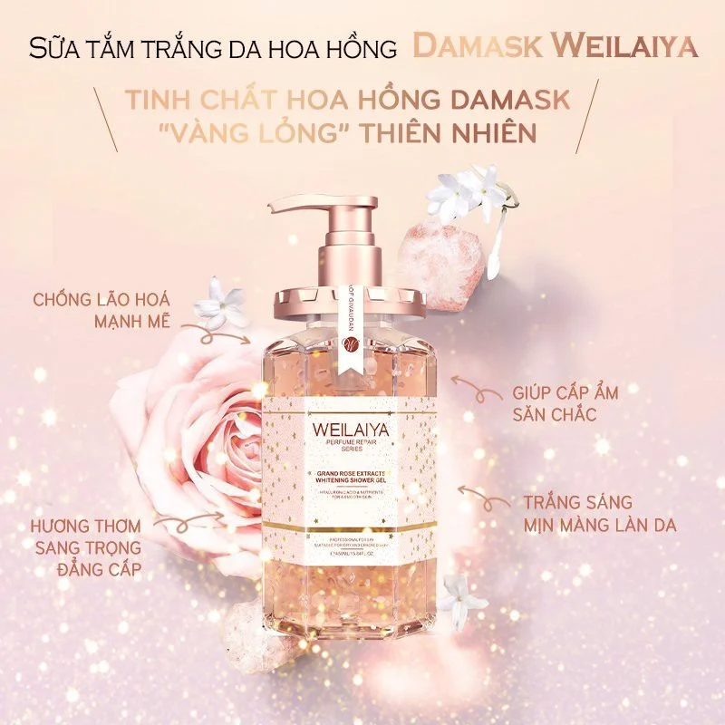 Weilaiya Damask Grand Rose Extracts Whitening Shower Gel giúp loại bỏ tàn nhang, cải thiện sắc tố da 