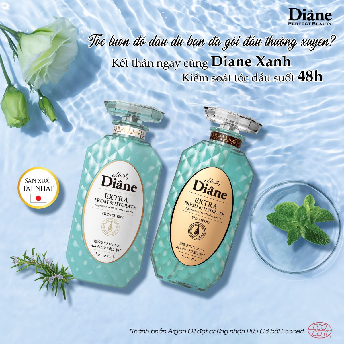 Dầu Gội Kiểm Soát Dầu Moist Diane Extra Fresh & Hydrate giúp nhẹ nhàng lấy đi bụi bẩn, dầu thừa trên tóc