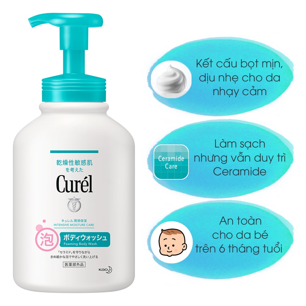 Curél Intensive Moisture Care Foaming Body Wash làm sạch dịu nhẹ, làm sạch mồ hôi và bụi bẩn