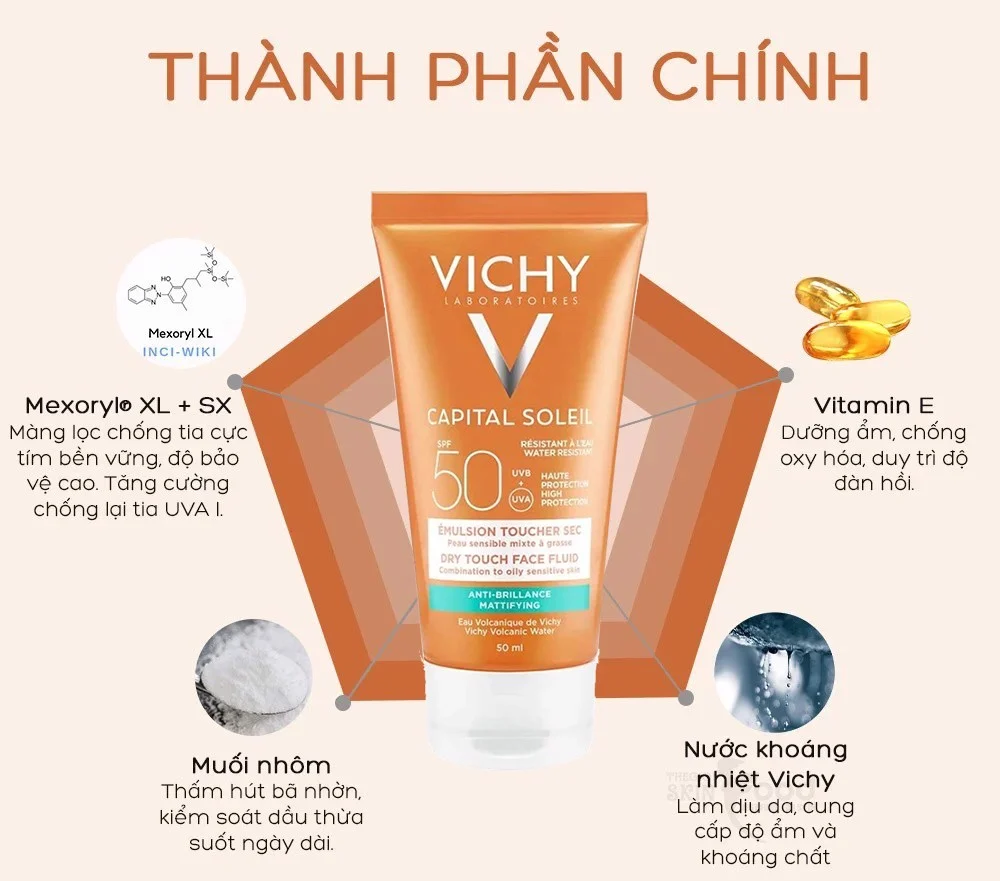 KEM CHỐNG NẮNG KHÔNG GÂY NHỜN RÍT VICHY IDEAL SOLEIL DRY TOUCH SPF 50