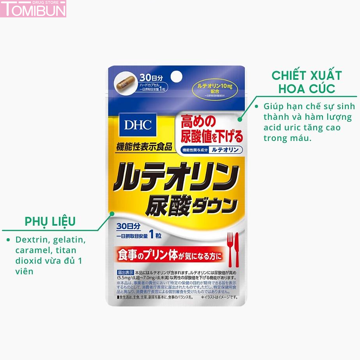 VIÊN UỐNG HỖ TRỢ GIẢM VÀ NGĂN NGỪA GOUT - LUTEOLIN URIC ACID DOWN DHC 30 NGÀY (30 VIÊN)