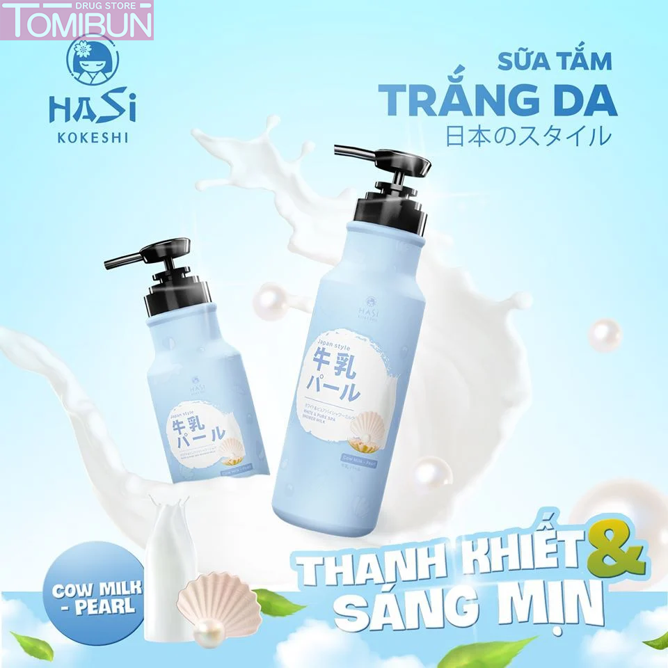 SỮA TẮM DƯỠNG ẨM & TRẮNG DA CHIẾT XUẤT SỮA BÒ & NGỌC TRAI HASI KOKESHI 600ML