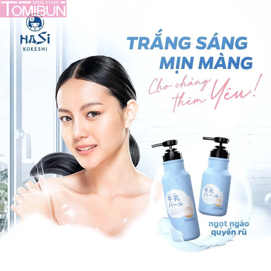 SỮA TẮM DƯỠNG ẨM & TRẮNG DA CHIẾT XUẤT SỮA BÒ & NGỌC TRAI HASI KOKESHI 600ML