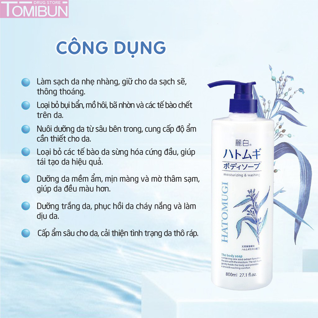 SỮA TẮM DƯỠNG ẨM VÀ LÀM SÁNG DA HATOMUGI MOISTURIZING & WASHING 800ML